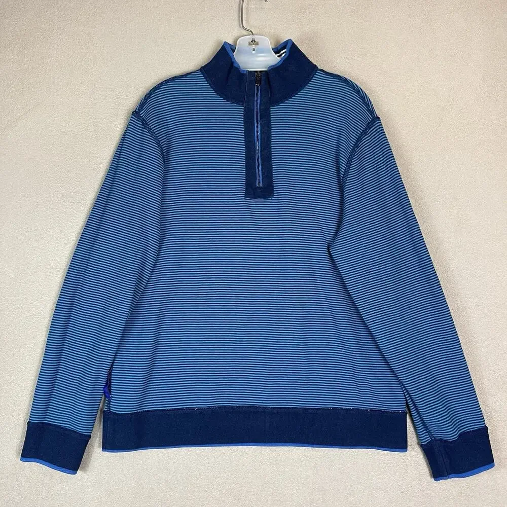 Robert Graham Sweater Mens XL Blue Striped 1/4 Zip Reversable Mock Neck Pullover